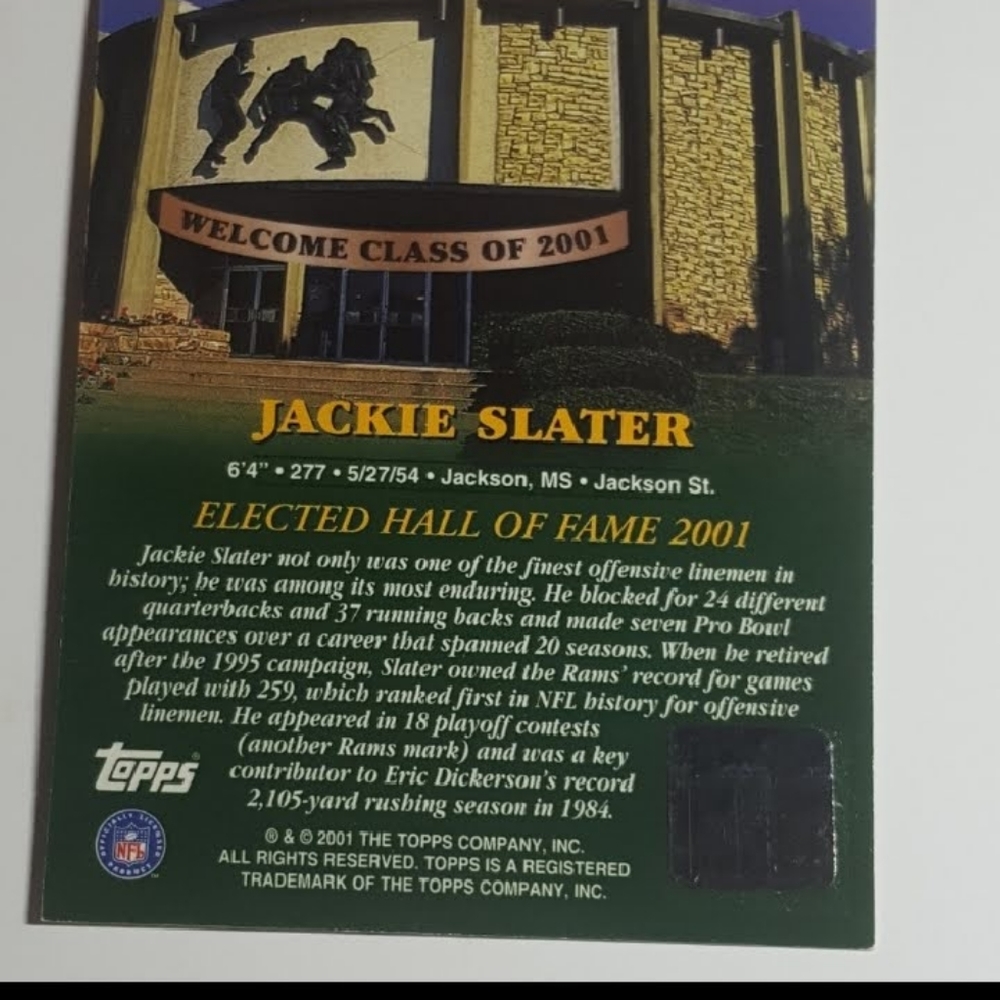 2001 Topps Jackie Slater Hall of Fame NFL Trading Card - Picture 2 of 3